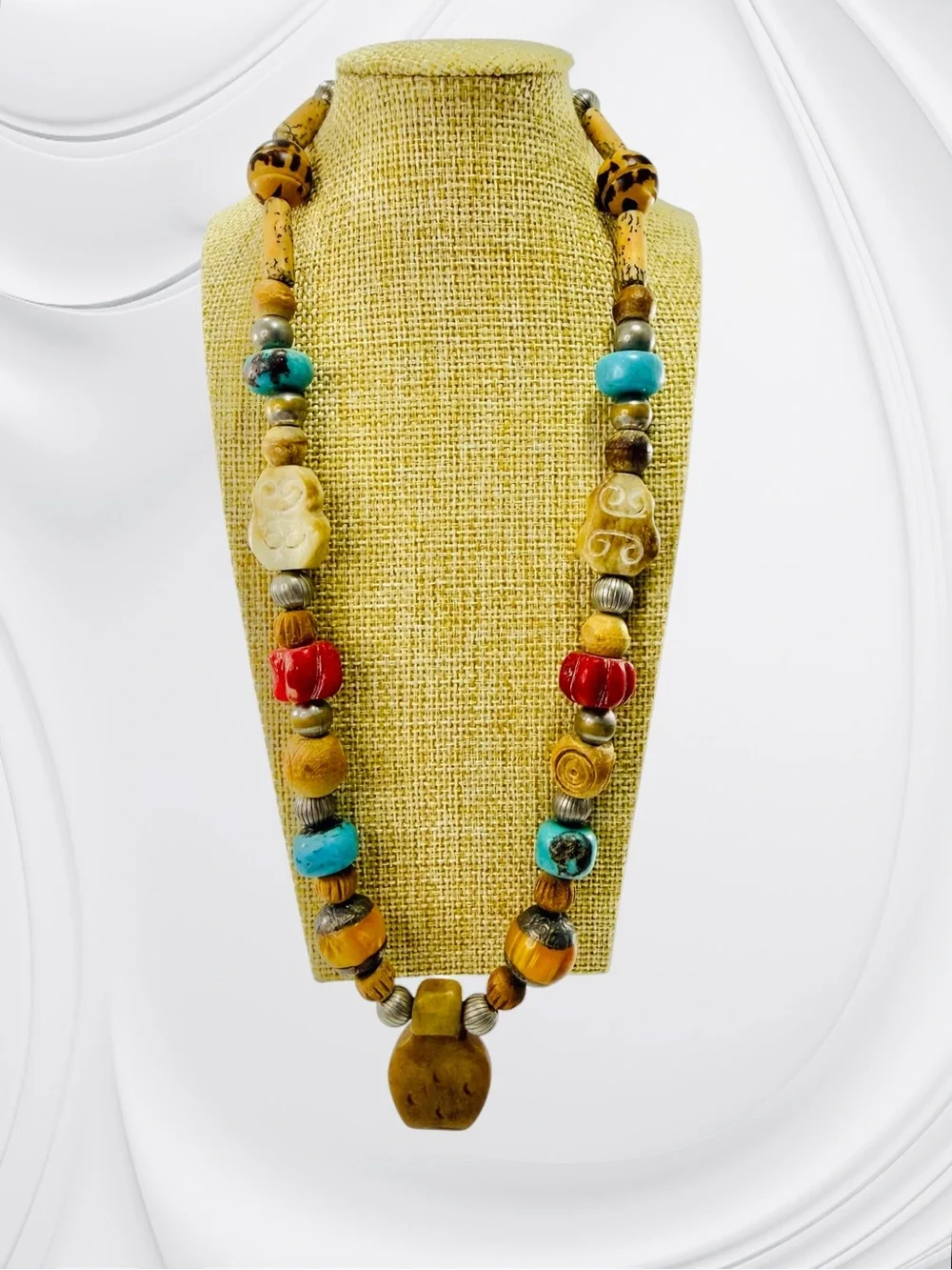 Tibetan Style Wood Stone Pendant Bead Necklace 18” Boho Dangle Red Turquoise